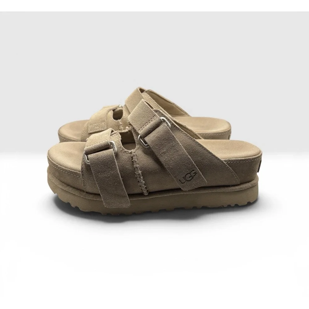 Ugg Women's Goldenstar Hi Slide Sandals Sz 8 Sand Suede Duel Adj Strap -1965 - Picture 1 of 7